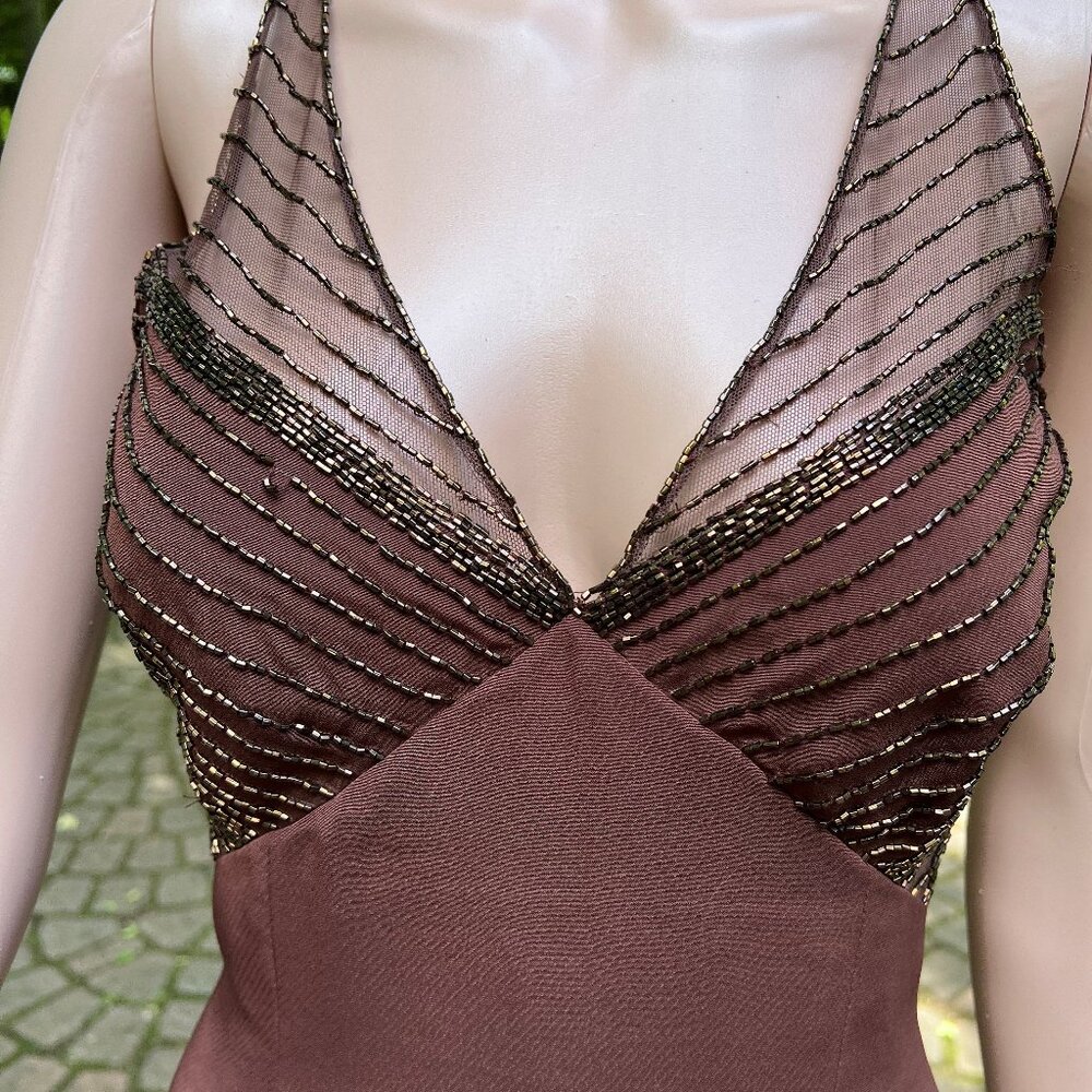 Cache Maxi Long Sequins Copper Dress Gown Spaghetti Strap Backless Size 10